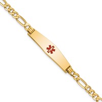 14K Yellow Gold Medical Solid Chain Solid Plate Soft Diamond Shape 33x 8mm Centered Red Enamel Flat Figaro Link ID Bracelet, 7" view 1