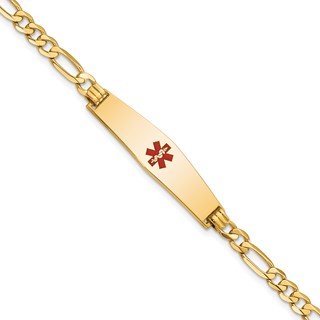 14K Medical Solid Chain/Solid Plate Soft Diamond Shape 33x8mm Centered Red Enamel Flat Figaro Link 7 inch ID Bracelet