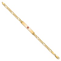 14K Yellow Gold Medical Solid Chain Solid Plate 34x 6mm Centered Red Enamel Flat Figaro Link ID Bracelet, 7" view 2
