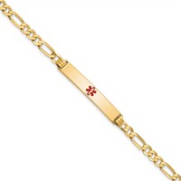 14K Yellow Gold Medical Solid Chain Solid Plate 34x 6mm Centered Red Enamel Flat Figaro Link ID Bracelet, 7" view 1