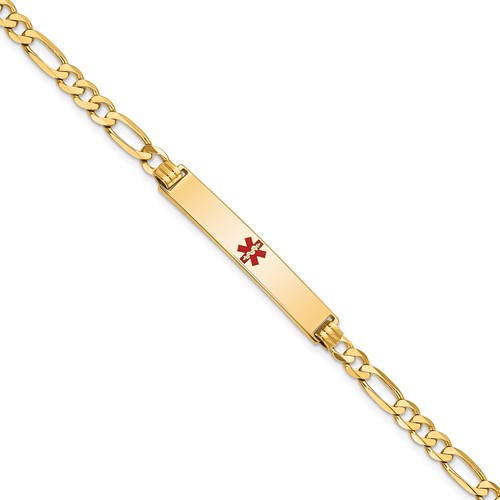14K Yellow Gold Medical Solid Chain Solid Plate 34x 6mm Centered Red Enamel Flat Figaro Link ID Bracelet, 7"