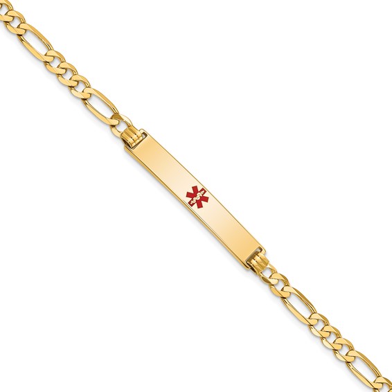 14K Medical Solid Chain/Solid Plate 34x6mm Centered Red Enamel Flat Figaro Link 7 inch ID Bracelet