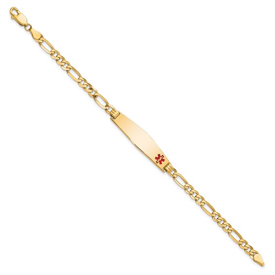 14K Medical Solid Chain/Solid Plate Soft Diamond Shape 33x8mm Off-Center Red Enamel Flat Figaro Link 7 inch ID Bracelet