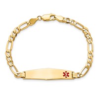 14K Yellow Gold Medical Solid Chain Solid Plate Soft Diamond Shape 33x 8mm Off-Center Red Enamel Flat Figaro Link ID Bracelet, 7" view 4