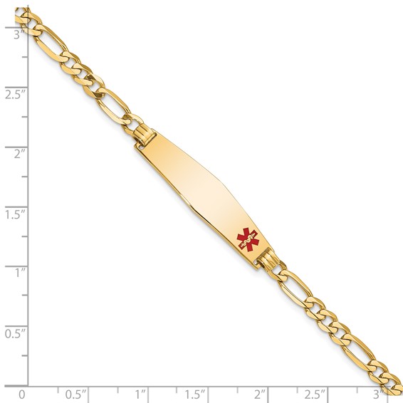 14K Medical Solid Chain/Solid Plate Soft Diamond Shape 33x8mm Off-Center Red Enamel Flat Figaro Link 7 inch ID Bracelet
