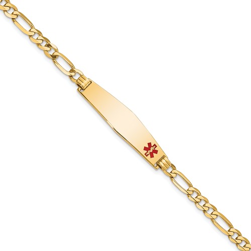 14K Yellow Gold Medical Solid Chain Solid Plate Soft Diamond Shape 33x 8mm Off-Center Red Enamel Flat Figaro Link ID Bracelet, 7"