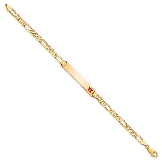 14K Medical Solid Chain/Solid Plate 33x6mm Off-Center Red Enamel Flat Figaro Link 7 inch ID Bracelet