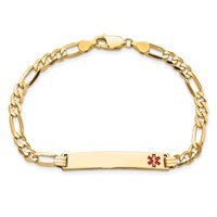 14K Yellow Gold Medical Solid Chain Solid Plate 33x6mm Off-Center Red Enamel Flat Figaro Link ID Bracelet - 7in view 4