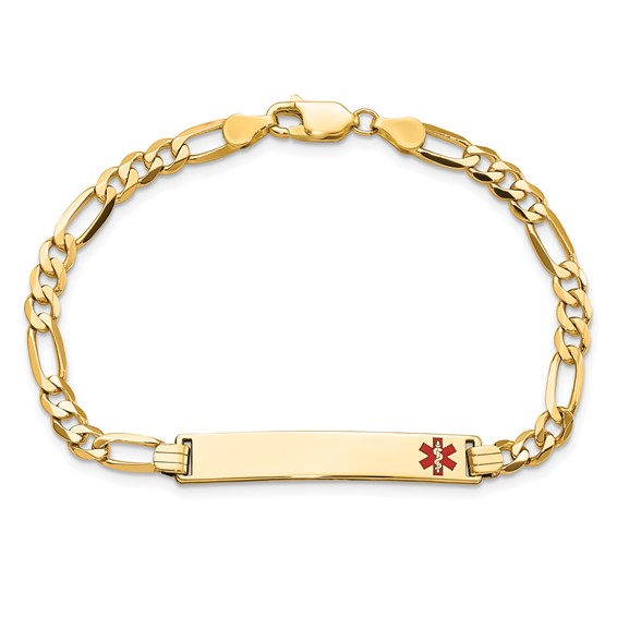 14K Medical Solid Chain/Solid Plate 33x6mm Off-Center Red Enamel Flat Figaro Link 7 inch ID Bracelet