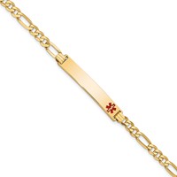 14K Yellow Gold Medical Solid Chain Solid Plate 33x6mm Off-Center Red Enamel Flat Figaro Link ID Bracelet - 7in view 1