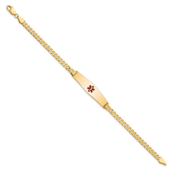 14K Medical Solid Chain/Solid Plate Soft Diamond Shape 33x8mm Centered Red Enamel Flat Curb Link 8 inch ID Bracelet