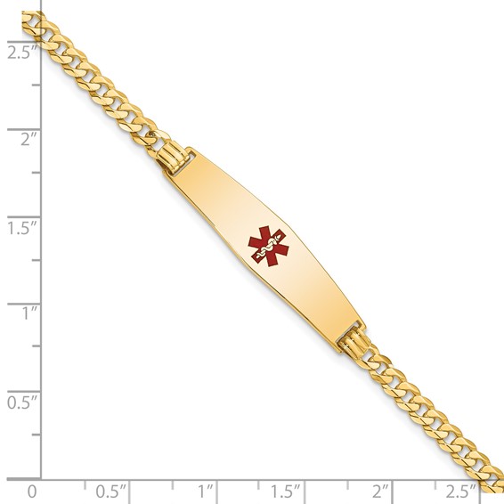 14K Medical Solid Chain/Solid Plate Soft Diamond Shape 33x8mm Centered Red Enamel Flat Curb Link 8 inch ID Bracelet