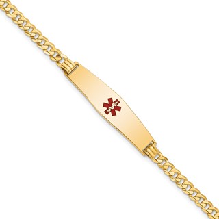 14K Medical Solid Chain/Solid Plate Soft Diamond Shape 33x8mm Centered Red Enamel Flat Curb Link 8 inch ID Bracelet