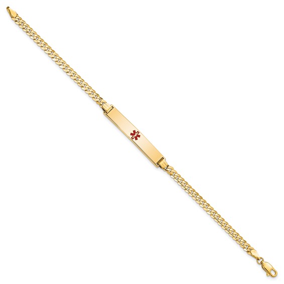 14K Medical Solid Chain/Solid Plate 34x6mm Centered Red Enamel Flat Curb Link 8 inch ID Bracelet