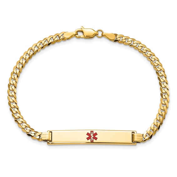 14K Medical Solid Chain/Solid Plate 34x6mm Centered Red Enamel Flat Curb Link 8 inch ID Bracelet