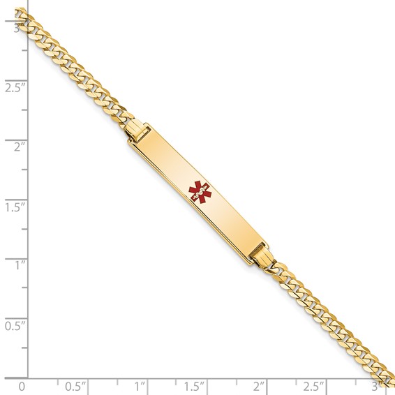 14K Medical Solid Chain/Solid Plate 34x6mm Centered Red Enamel Flat Curb Link 8 inch ID Bracelet
