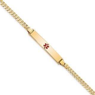 14K Medical Solid Chain/Solid Plate 34x6mm Centered Red Enamel Flat Curb Link 8 inch ID Bracelet