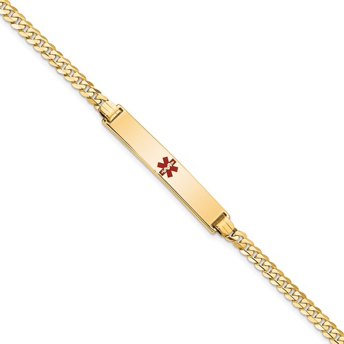 14K Yellow Gold Medical Solid Chain Solid Plate 34x 6mm Centered Red Enamel Flat Curb Link ID Bracelet, 7"