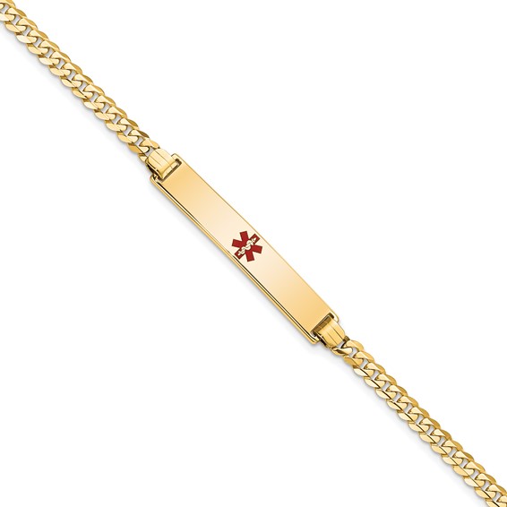 14K Medical Solid Chain/Solid Plate 34x6mm Centered Red Enamel Flat Curb Link 8 inch ID Bracelet