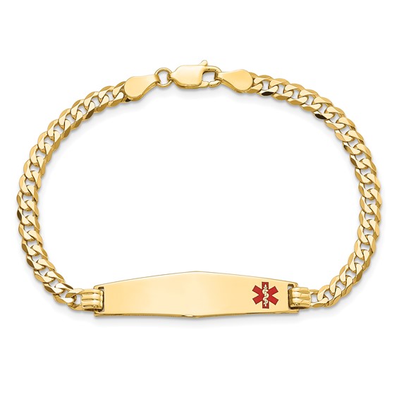 14K Medical Solid Chain/Solid Plate Soft Diamond Shape 33x8mm Off-Center Red Enamel Flat Curb Link 8 inch ID Bracelet