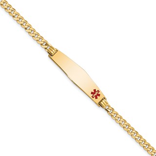 14K Medical Solid Chain/Solid Plate Soft Diamond Shape 33x8mm Off-Center Red Enamel Flat Curb Link 8 inch ID Bracelet