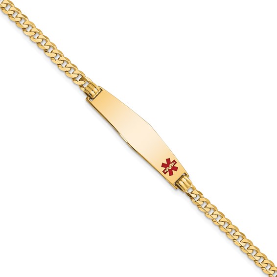 14K Medical Solid Chain/Solid Plate Soft Diamond Shape 33x8mm Off-Center Red Enamel Flat Curb Link 8 inch ID Bracelet