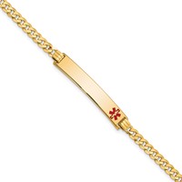 14K Yellow Gold Medical Solid Chain Solid Plate 33x6mm Off-Center Red Enamel Flat Curb Link ID Bracelet - 7in view 1