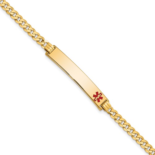 14K Yellow Gold Medical Solid Chain Solid Plate 33x 6mm Off-Center Red Enamel Flat Curb Link ID Bracelet, 7"