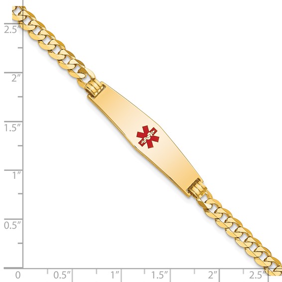 14K Medical Solid Chain/Solid Plate Soft Diamond Shape 33x8mm Centered Red Enamel Flat Curb Link 7 inch ID Bracelet