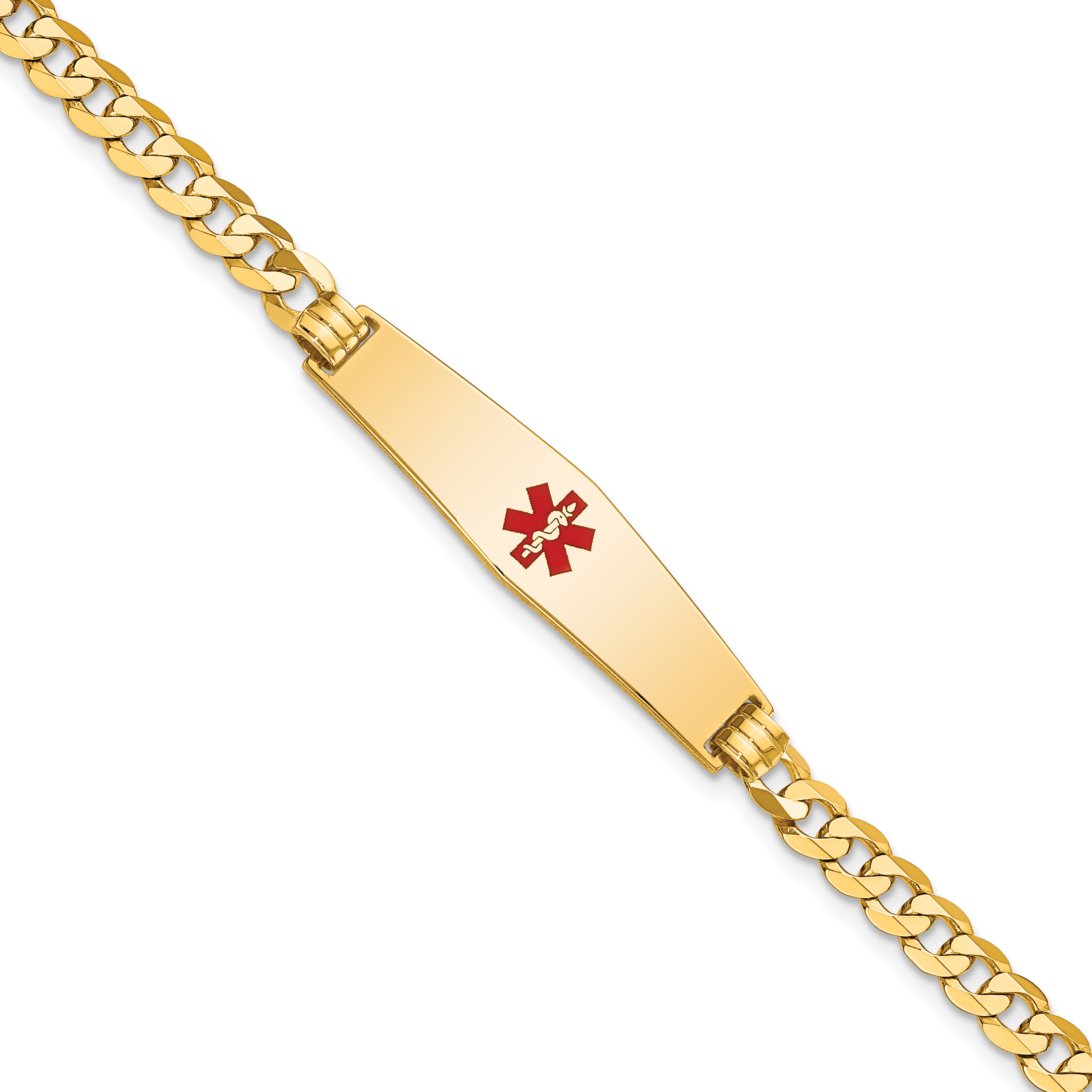 14K Medical Solid Chain/Solid Plate Soft Diamond Shape 33x8mm Centered Red Enamel Flat Curb Link 7 inch ID Bracelet (XM562CC-7)