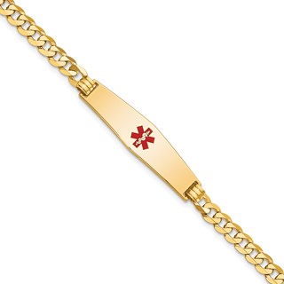 14K Medical Solid Chain/Solid Plate Soft Diamond Shape 33x8mm Centered Red Enamel Flat Curb Link 7 inch ID Bracelet