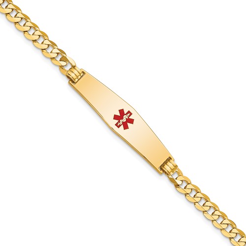 14K Medical Solid Chain/Solid Plate Soft Diamond Shape 33x8mm Centered Red Enamel Flat Curb Link 8 inch ID Bracelet