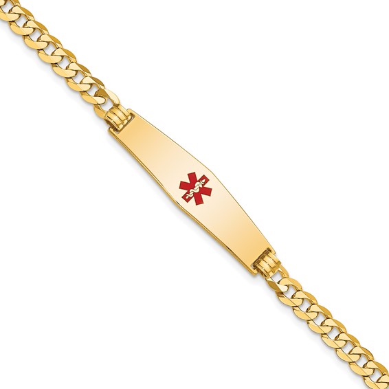 14K Medical Solid Chain/Solid Plate Soft Diamond Shape 33x8mm Centered Red Enamel Flat Curb Link 7 inch ID Bracelet
