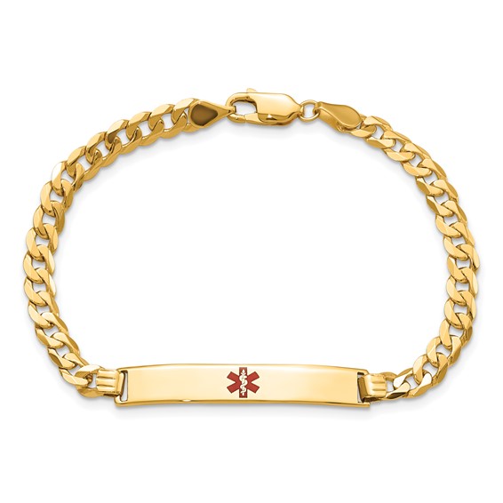 14K Medical Solid Chain/Solid Plate 34x6mm Centered Red Enamel Flat Curb Link 8 inch ID Bracelet