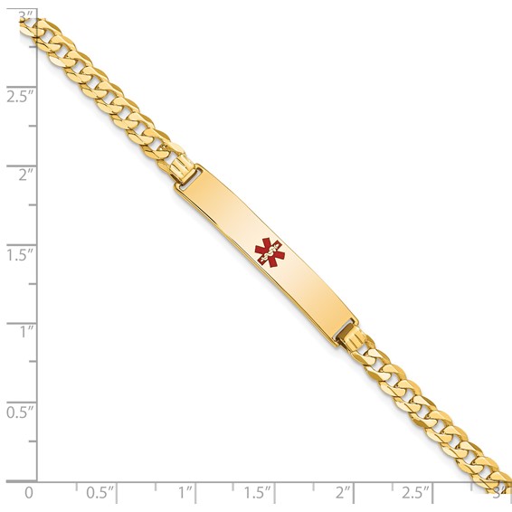 14K Medical Solid Chain/Solid Plate 34x6mm Centered Red Enamel Flat Curb Link 8 inch ID Bracelet