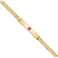 14K Yellow Gold Medical Solid Chain Solid Plate 34x 6mm Centered Red Enamel Flat Curb Link ID Bracelet, 7" view 1
