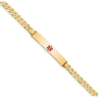 14K Medical Solid Chain/Solid Plate 34x6mm Centered Red Enamel Flat Curb Link 8 inch ID Bracelet