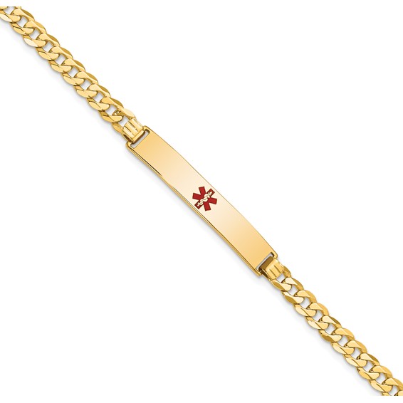 14K Medical Solid Chain/Solid Plate 34x6mm Centered Red Enamel Flat Curb Link 8 inch ID Bracelet