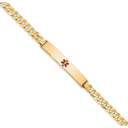 14K Yellow Gold Medical Solid Chain Solid Plate 34x 6mm Centered Red Enamel Flat Curb Link ID Bracelet, 7"