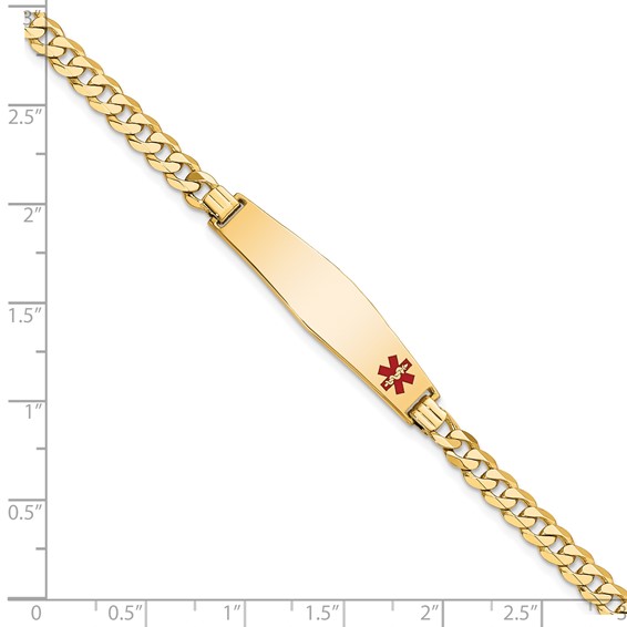 14K Medical Solid Chain/Solid Plate Soft Diamond Shape 33x8mm Off-Center Red Enamel Flat Curb Link 8 inch ID Bracelet
