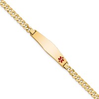 14K Medical Solid Chain Solid Plate Soft Diamond Shape 33x8mm Off-Center Red Enamel Flat Curb Link 7 Inch ID Bracelet view 1