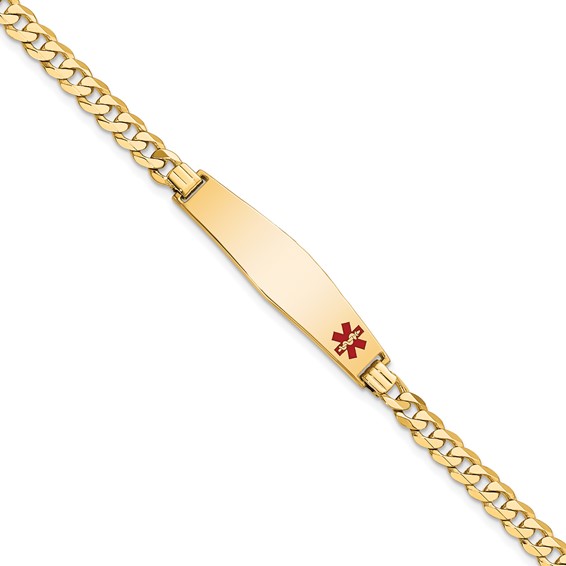 14K Medical Solid Chain/Solid Plate Soft Diamond Shape 33x8mm Off-Center Red Enamel Flat Curb Link 8 inch ID Bracelet