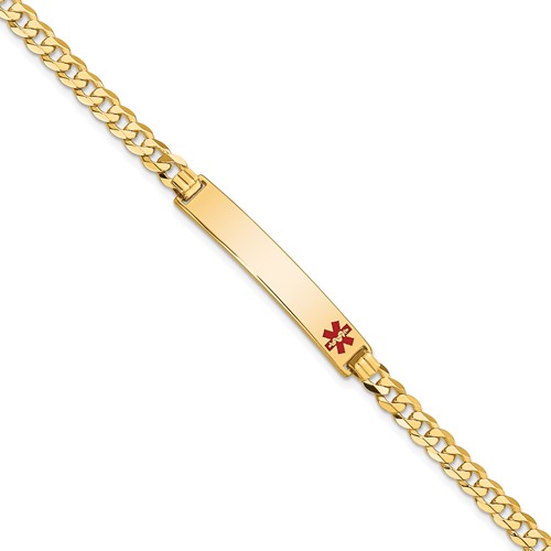 14K Yellow Gold Medical Solid Chain Solid Plate 33x 6mm Off-Center Red Enamel Flat Curb Link ID Bracelet, 8"