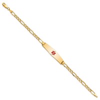 14K Yellow Gold Medical Semi-Solid Chain Solid Plate Soft Diamond Shape 33x 8mm Centered Red Enamel Figaro Link ID Bracelet, 7" view 2