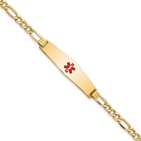 14K Yellow Gold Medical Semi-Solid Chain Solid Plate Soft Diamond Shape 33x 8mm Centered Red Enamel Figaro Link ID Bracelet, 7" view 1