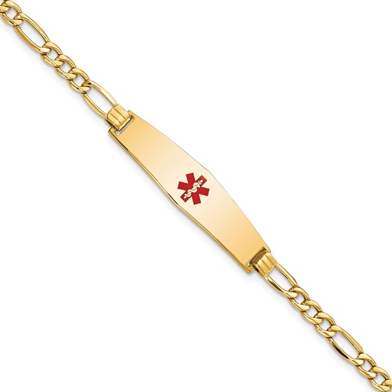 14K Medical Semi-Solid Chain/Solid Plate Soft Diamond Shape 33x8mm Centered Red Enamel Figaro Link 7 inch ID Bracelet