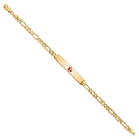 14K Yellow Gold Medical Semi-Solid Chain Solid Plate 34x 6mm Centered Red Enamel Figaro Link ID Bracelet, 7" view 2