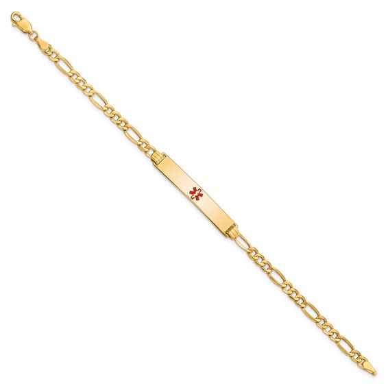 14K Medical Semi-Solid Chain/Solid Plate 34x6mm Centered Red Enamel Figaro Link 7 inch ID Bracelet