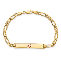 14K Yellow Gold Medical Semi-Solid Chain Solid Plate 34x 6mm Centered Red Enamel Figaro Link ID Bracelet, 7" view 4