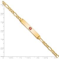 14K Yellow Gold Medical Semi-Solid Chain Solid Plate 34x 6mm Centered Red Enamel Figaro Link ID Bracelet, 7" view 3